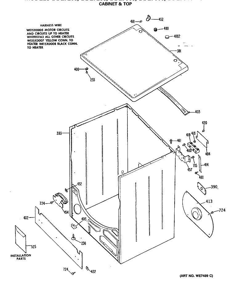 CABINET & TOP Diagram and Parts List for DDE7608MCL  General Electric Dryer