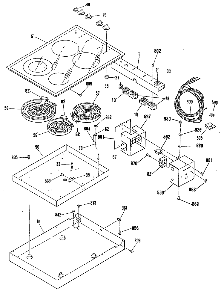 Section Diagram and Parts List for J66RL2BG  General Electric Cooktop