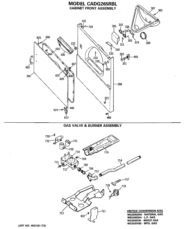 CABINET FRONT ASSEMBLY Diagram and Parts List for CADG265RBL  General Electric Dryer