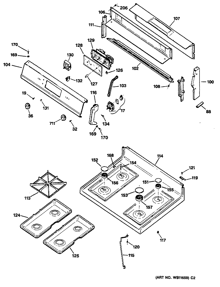 Section Diagram and Parts List for JGBP28GEV2AD  General Electric Range