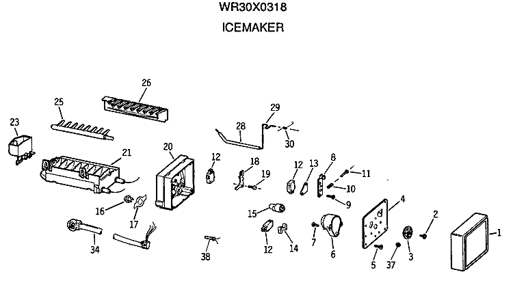 ICEMAKER Diagram and Parts List for WR30X0318  General Electric Ice Maker