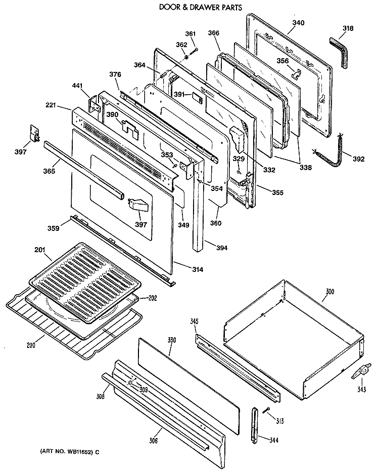 DOOR & DRAWER PARTS Diagram and Parts List for JGBP35AEV3AA  General Electric Range