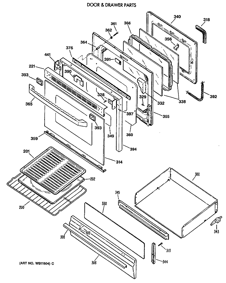 DOOR & DRAWER PARTS Diagram and Parts List for JGBP79AEV3AA  General Electric Range