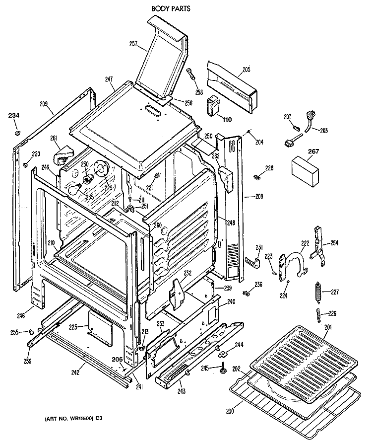 BODY PARTS Diagram and Parts List for JGS505GEV2BB  General Electric Range