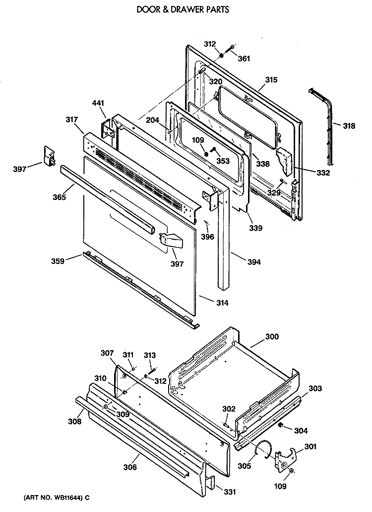 DOOR & DRAWER PARTS Diagram and Parts List for JGS505GEV2BB  General Electric Range