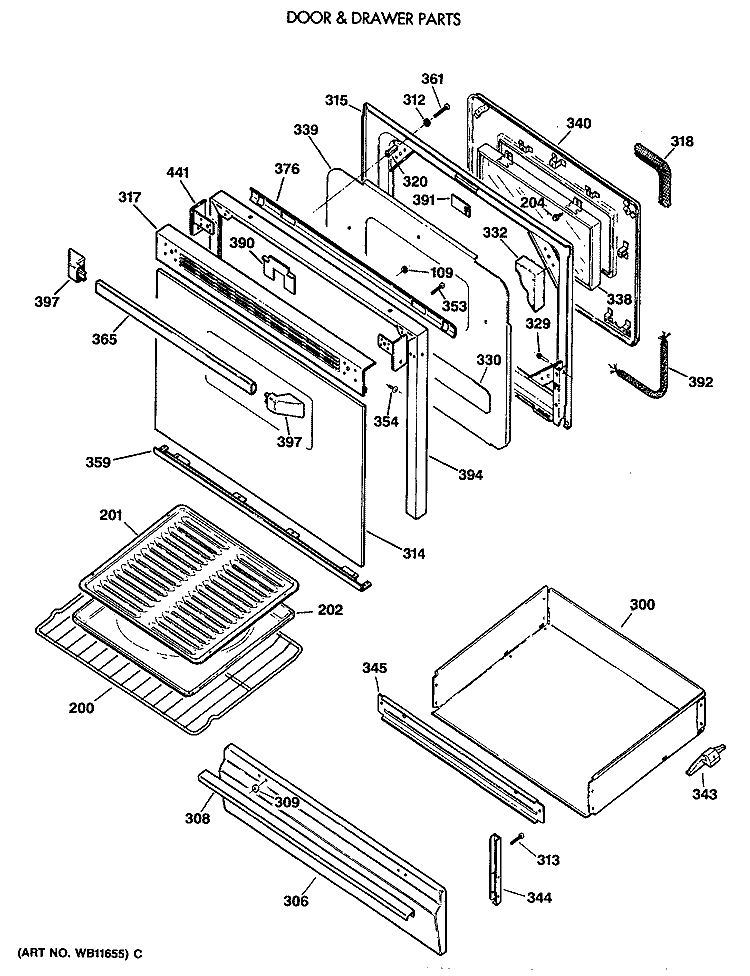DOOR & DRAWER PARTS Diagram and Parts List for JGBP30AEV2AA  General Electric Range