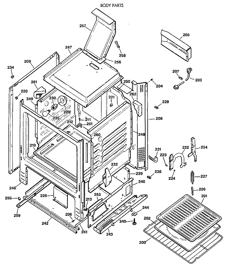 BODY PARTS Diagram and Parts List for JGBS23GEV3WH  General Electric Range