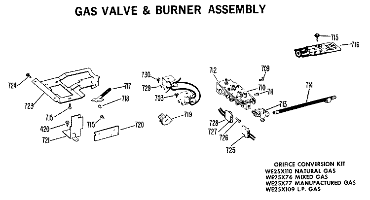 GAS VALVE & BURNER ASSEMBLY Diagram and Parts List for DLL6850AAL  Hotpoint Dryer