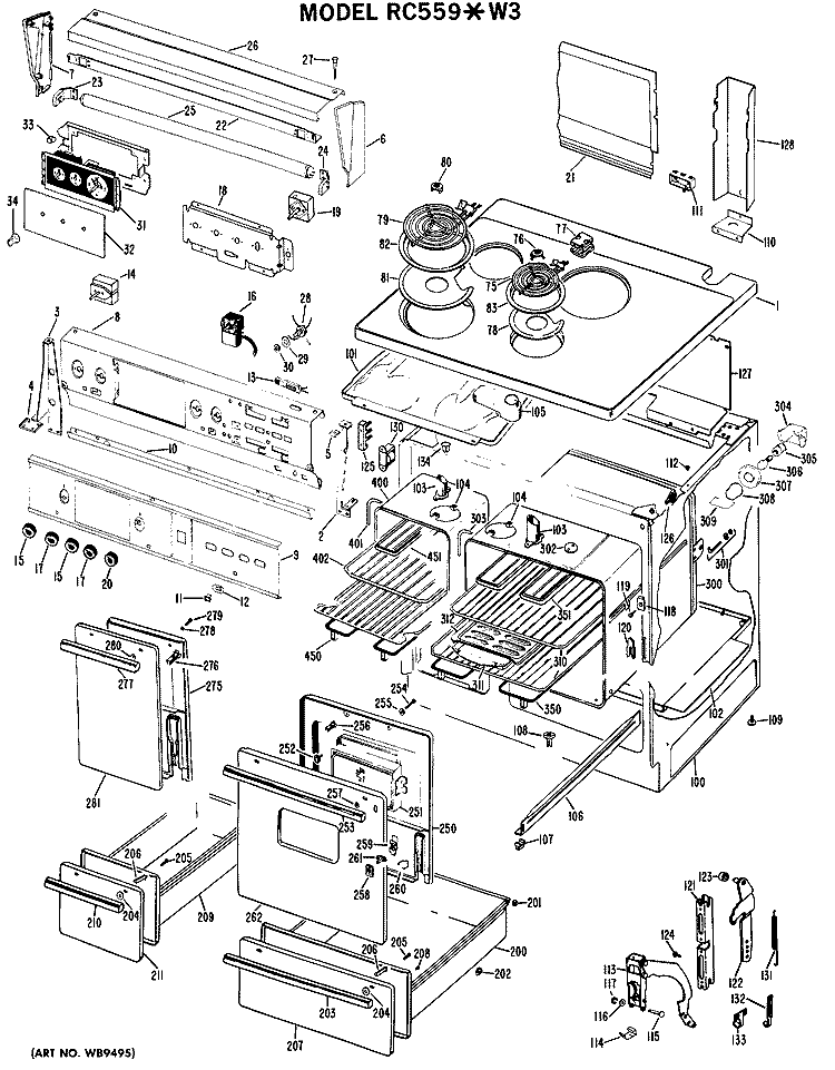 Section Diagram and Parts List for RC559*W3  Hotpoint Range