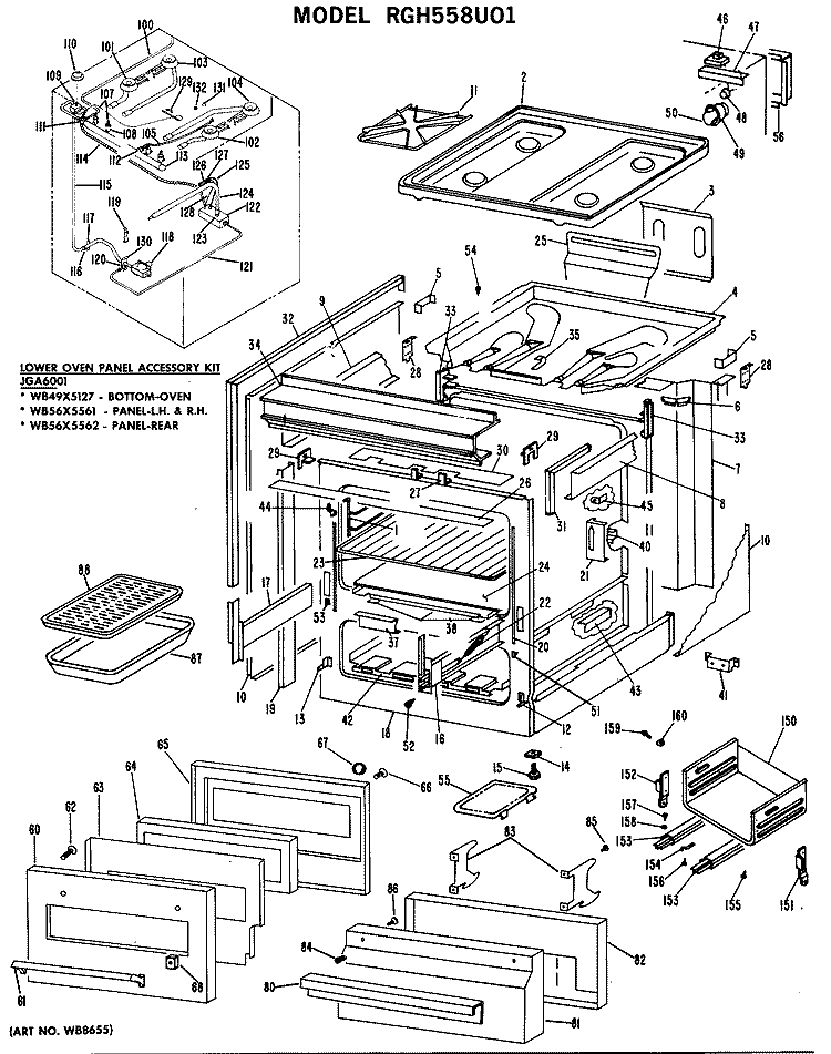 Section Diagram and Parts List for RGH558U01  Hotpoint Range