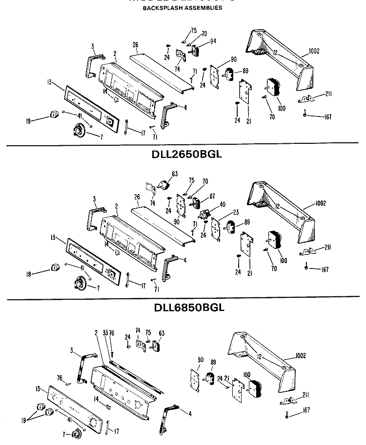BACKSPLASH ASSEMBLIES Diagram and Parts List for DLL2650BGL  Hotpoint Dryer