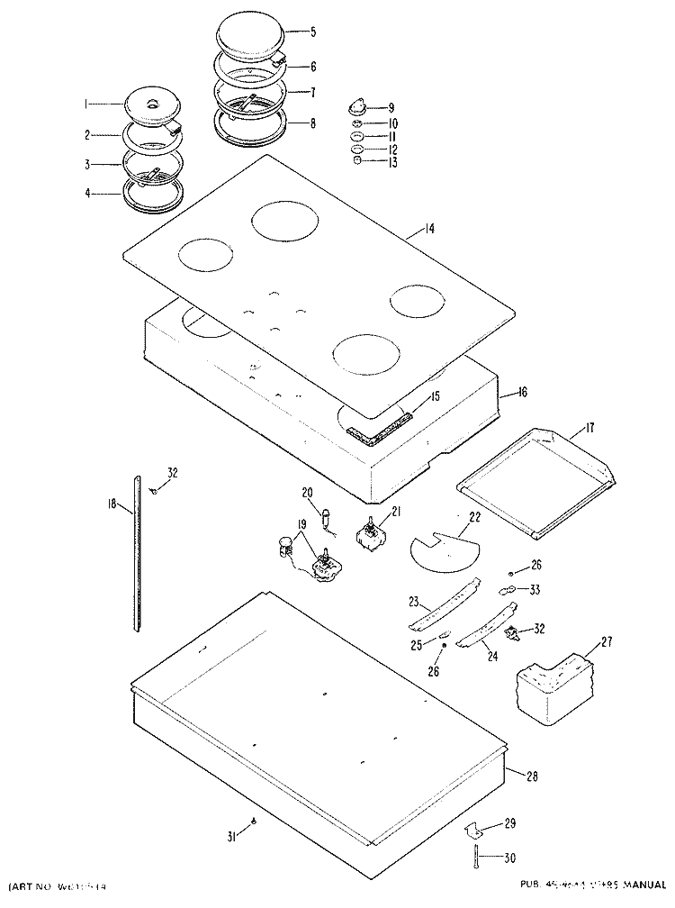 Section Diagram and Parts List for JP682K1  General Electric Cooktop