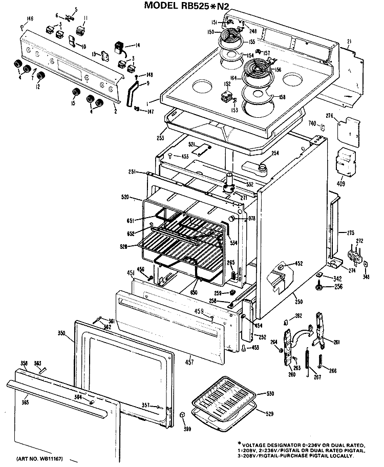Section Diagram and Parts List for RB525*N2  Hotpoint Range
