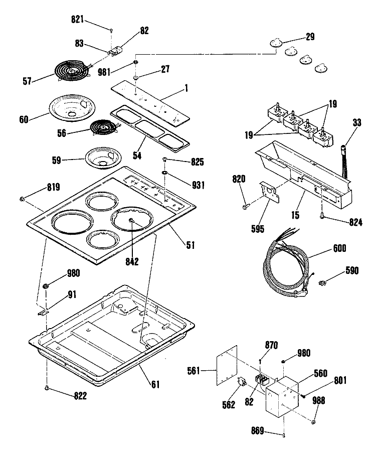 Section Diagram and Parts List for PR230K1  Hotpoint Cooktop