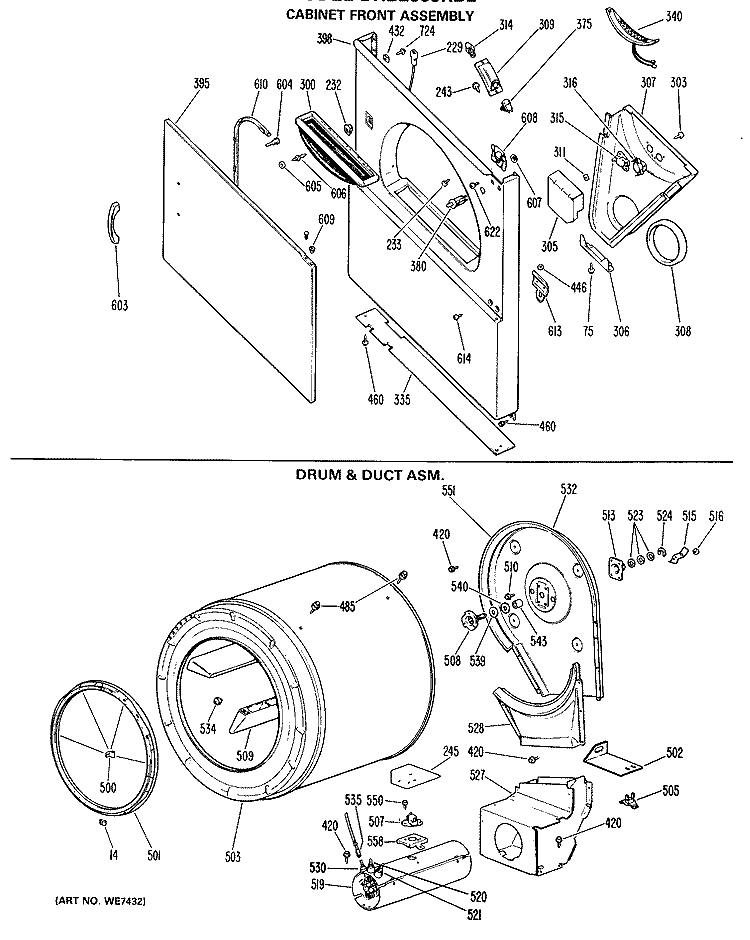 CABINET FRONT ASSEMBLY Diagram and Parts List for DRB2885KBL  General Electric Dryer