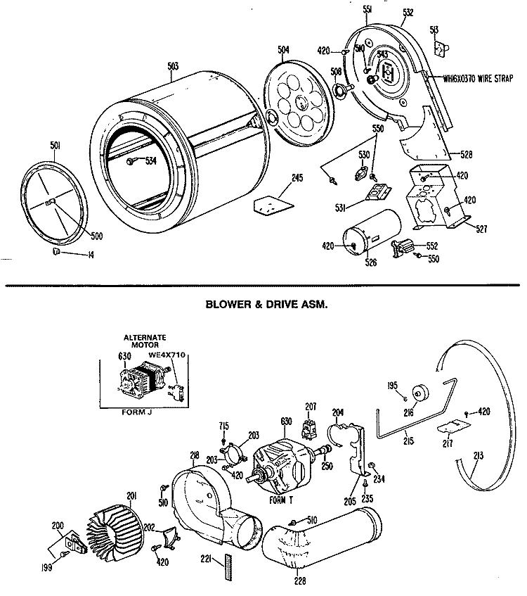 DRUM & DUCT ASSEMBLY Diagram and Parts List for DRL1555MBL  General Electric Dryer