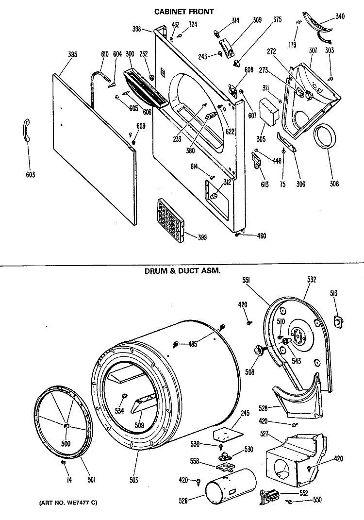 CABINET FRONT Diagram and Parts List for DRL2885MBL  General Electric Dryer