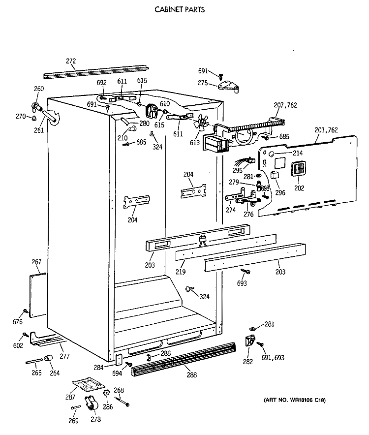 CABINET PARTS Diagram and Parts List for MTG18EAXDRWH  General Electric Refrigerator
