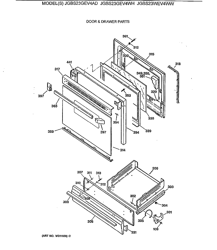 DOOR & DRAWER PARTS Diagram and Parts List for JGBS23GEV4AD  General Electric Range