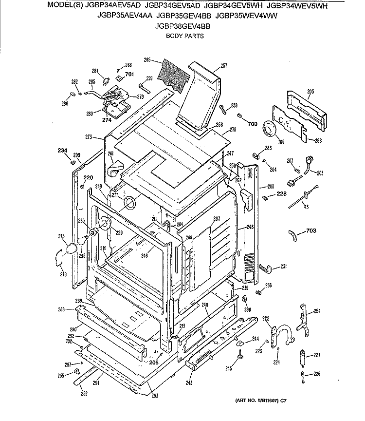BODY PARTS Diagram and Parts List for JGBP35AEV4AA  General Electric Range