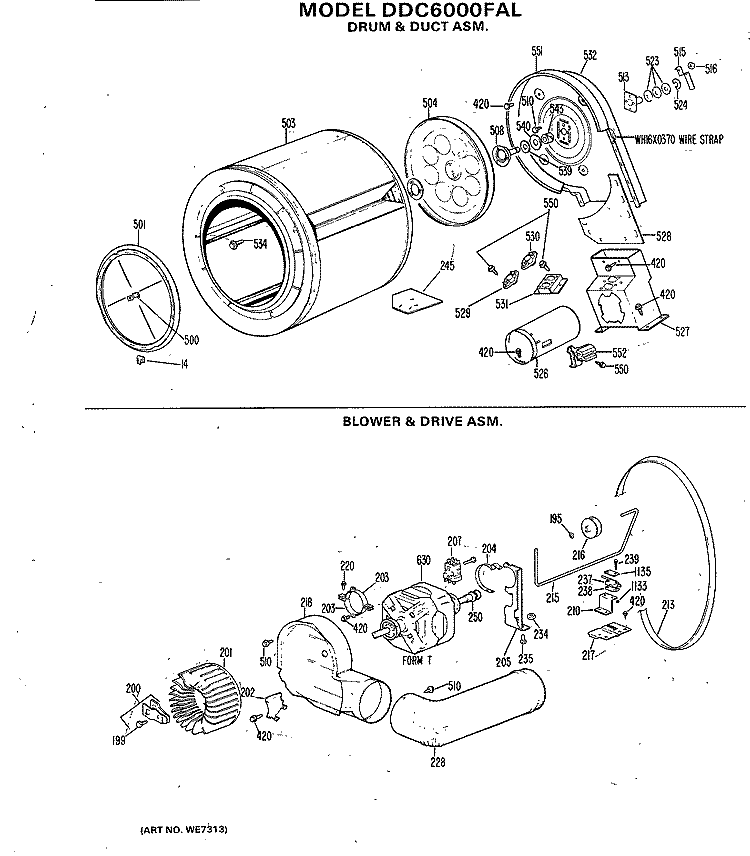 DRUM & DUCT ASM. Diagram and Parts List for DDC6000FAL  General Electric Dryer