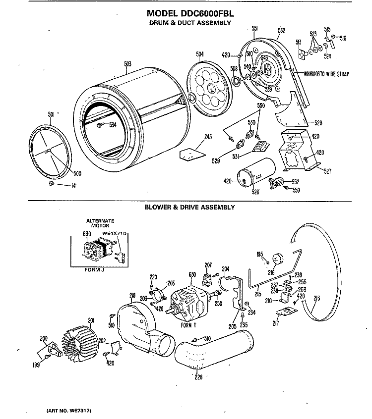 DRUM & DUCT ASSEMBLY Diagram and Parts List for DDC6000FBL  General Electric Dryer