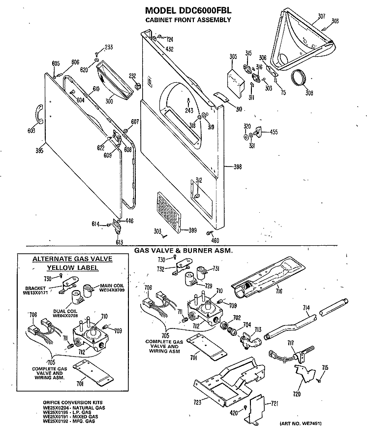 CABINET FRONT ASSEMBLY Diagram and Parts List for DDC6000FBL  General Electric Dryer