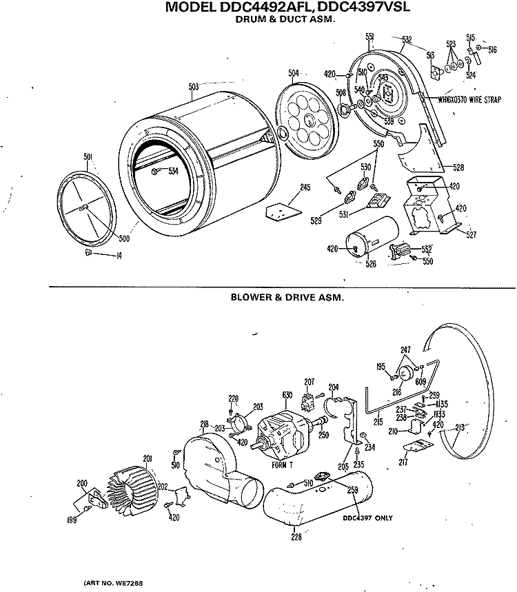 DRUM & DUCT ASM. Diagram and Parts List for DDC4492AFL  General Electric Dryer
