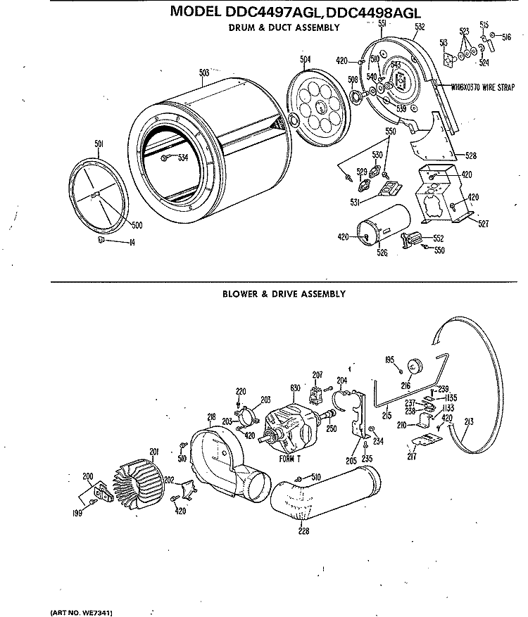 DRUM & DUCT ASSEMBLY Diagram and Parts List for DDC4498AGL  General Electric Dryer