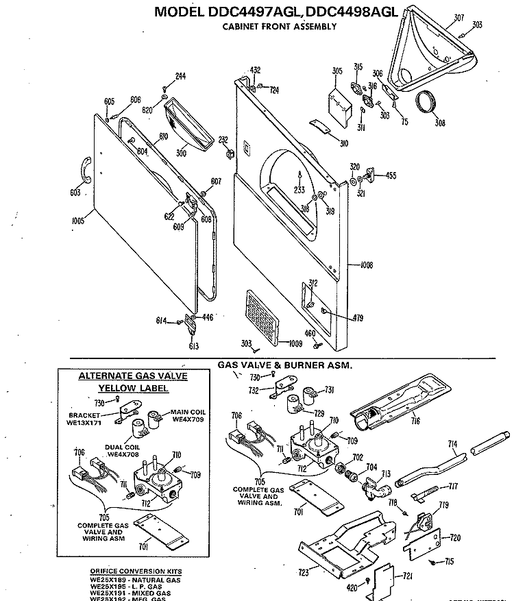 CABINET FRONT ASSEMBLY Diagram and Parts List for DDC4498AGL  General Electric Dryer