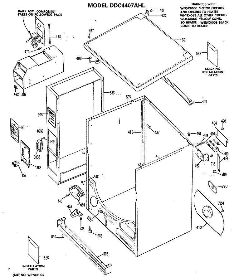 Section Diagram and Parts List for DDC4408AHL  General Electric Dryer