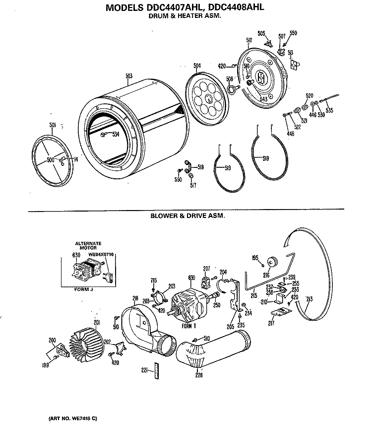 DRUM & HEATER ASM. Diagram and Parts List for DDC4408AHL  General Electric Dryer