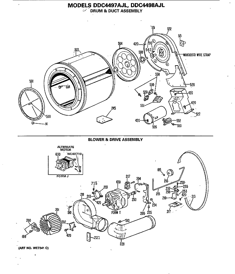 DRUM & DUCT ASSEMBLY Diagram and Parts List for DDC4498AJL  General Electric Dryer