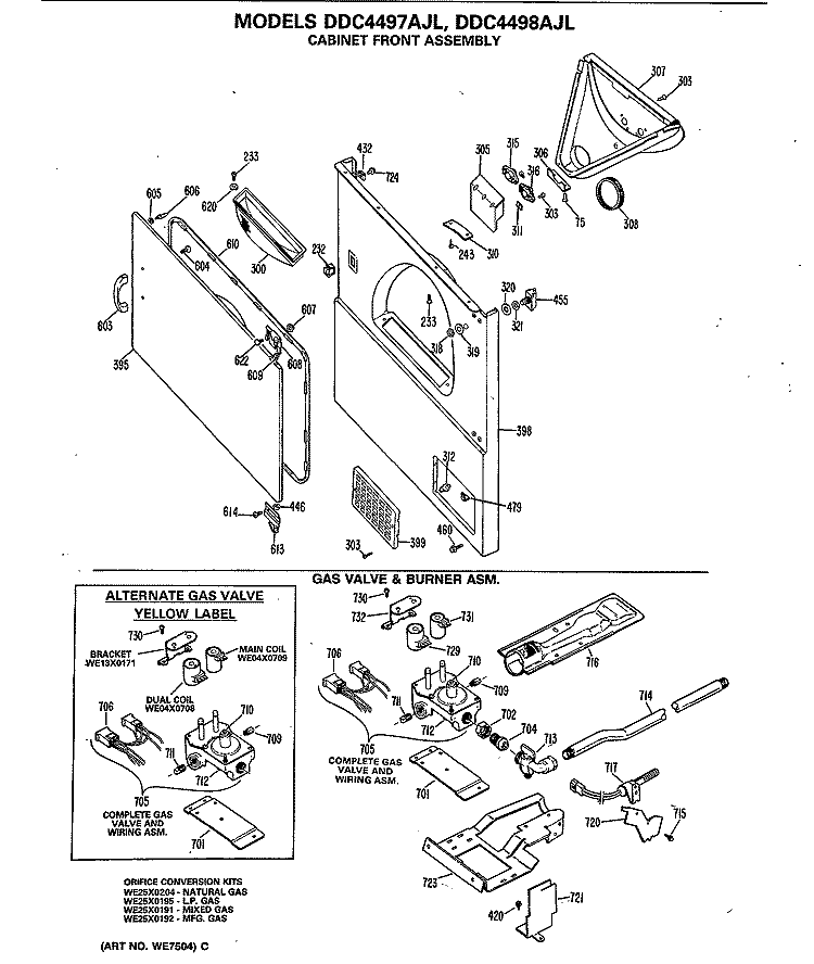 CABINET FRONT ASSEMBLY Diagram and Parts List for DDC4498AJL  General Electric Dryer