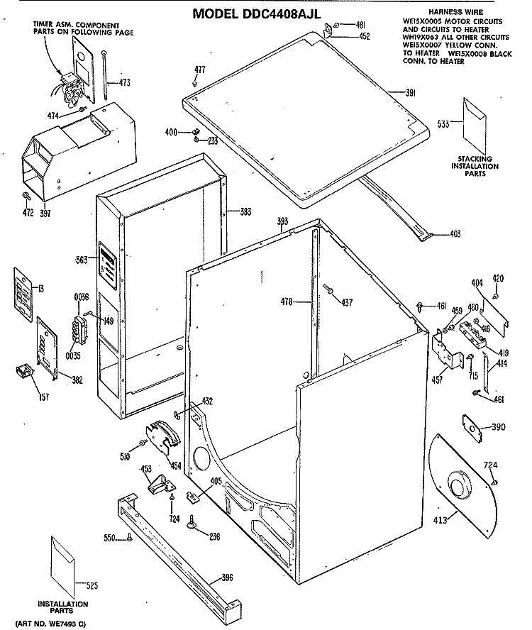 Section Diagram and Parts List for DDC4407AJL  General Electric Dryer
