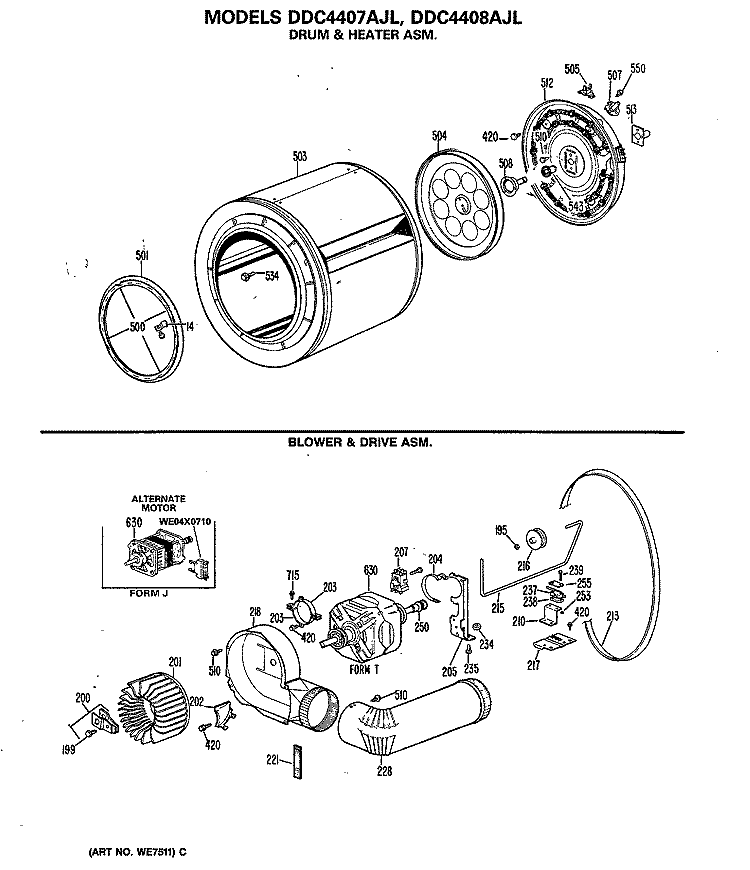 DRUM & HEATER ASM. Diagram and Parts List for DDC4407AJL  General Electric Dryer