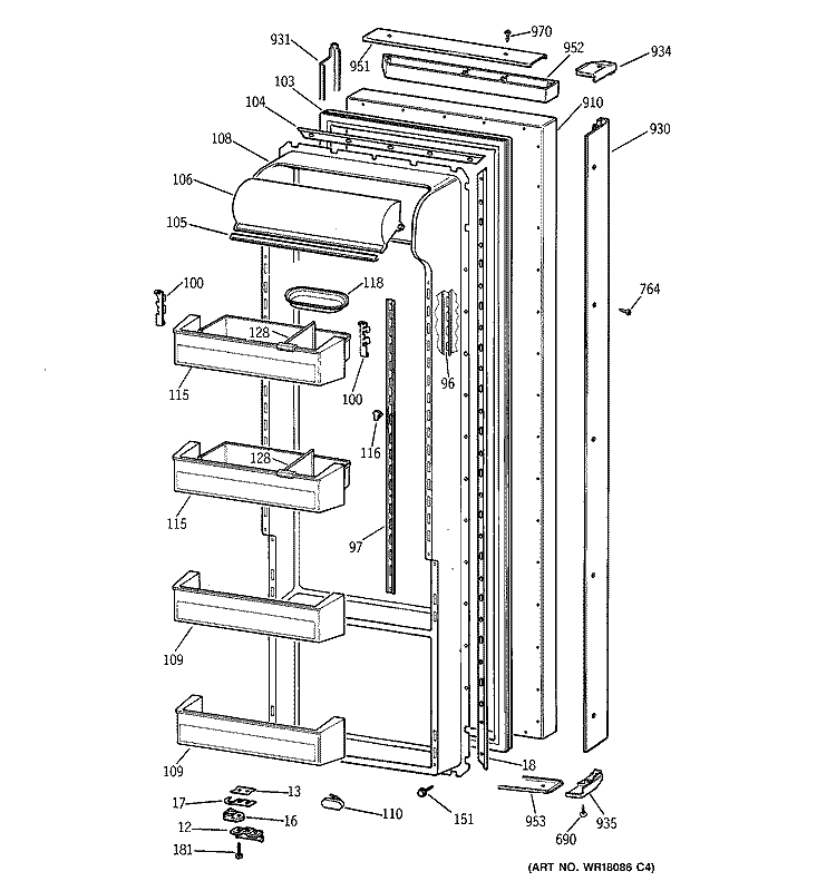 FRESH FOOD DOOR Diagram and Parts List for TPG21BRBAWW  General Electric Refrigerator