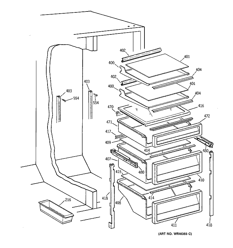 FRESH FOOD SHELVES Diagram and Parts List for TPG21JRBABB  General Electric Refrigerator