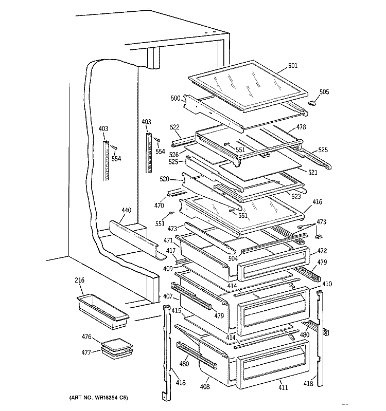 FRESH FOOD SHELVES Diagram and Parts List for TPG24PFBAWW  General Electric Refrigerator
