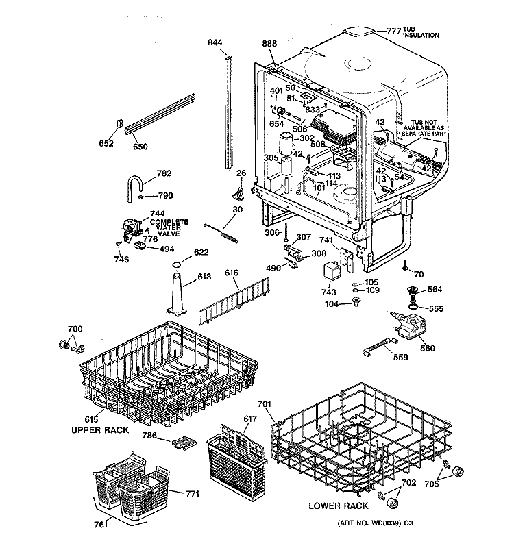 BODY PARTS Diagram and Parts List for GSD4310Z02AA  General Electric Dishwasher