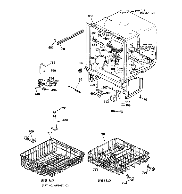 BODY PARTS Diagram and Parts List for GSD3610Z02AA  General Electric Dishwasher