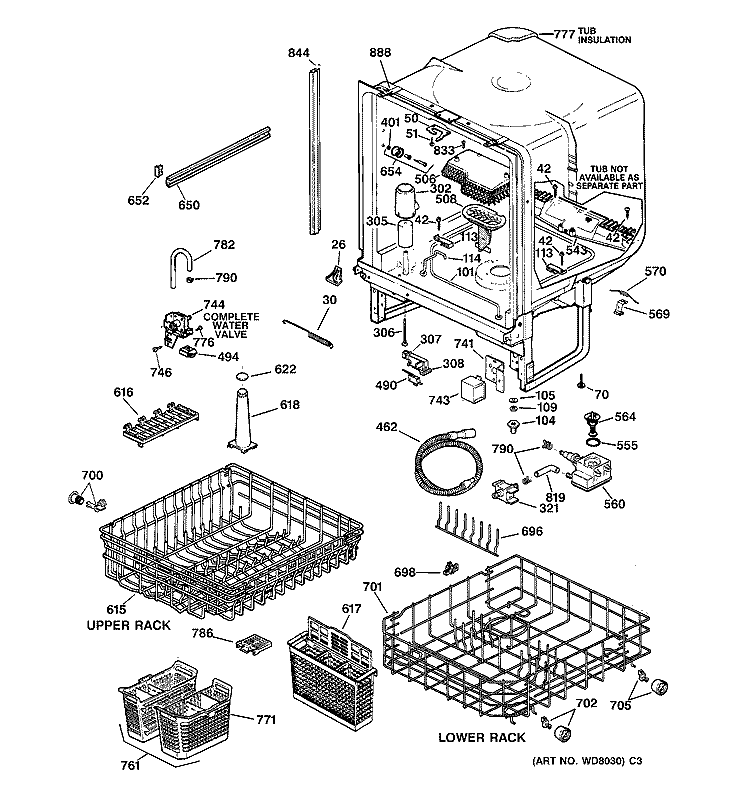 BODY PARTS Diagram and Parts List for GSD4610Z02AA  General Electric Dishwasher