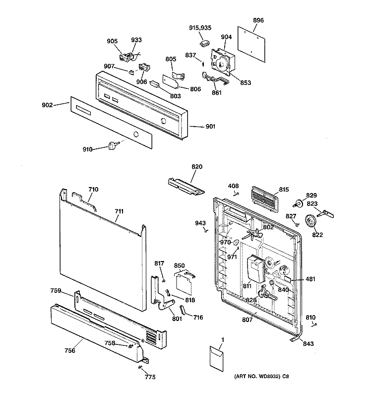 ESCUTCHEON & DOOR ASSEMBLY Diagram and Parts List for GSD2220Z02BB  General Electric Dishwasher