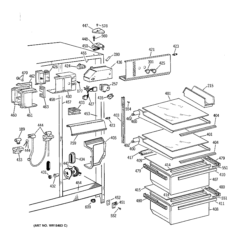 FRESH FOOD SECTION Diagram and Parts List for TFJ20JABAAA  General Electric Refrigerator