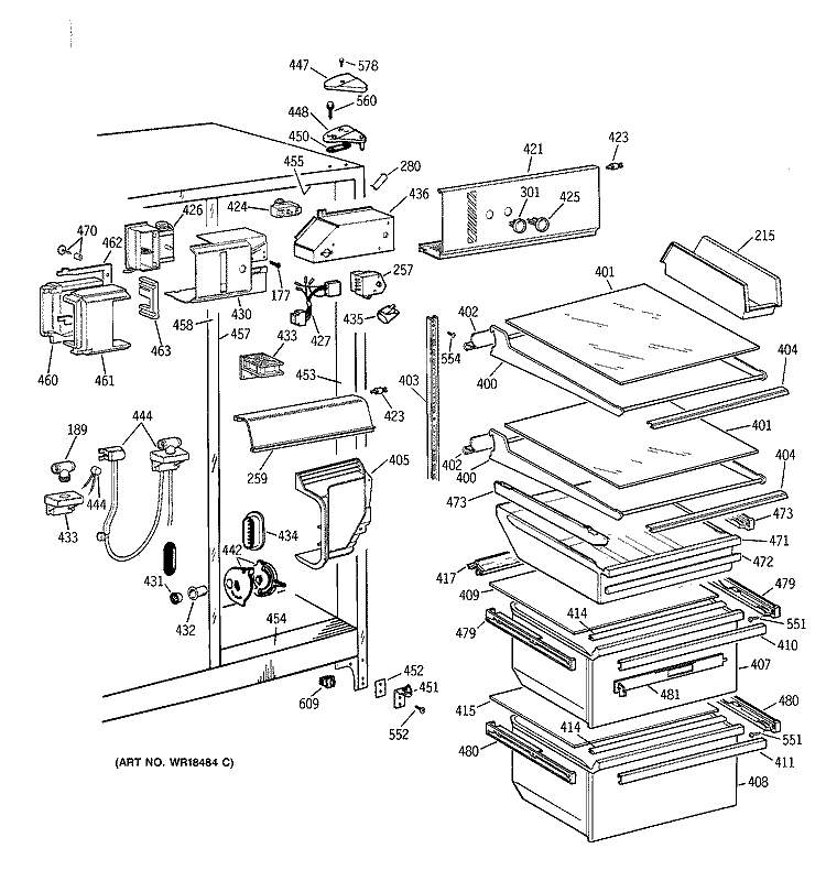 FRESH FOOD SECTION Diagram and Parts List for TFJ22JABAWW  General Electric Refrigerator