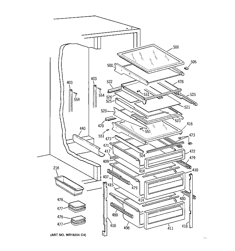 FRESH FOOD SHELVES Diagram and Parts List for TFK28PFBAWW  General Electric Refrigerator