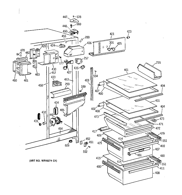FRESH FOOD SECTION Diagram and Parts List for TFK22JABAAA  General Electric Refrigerator