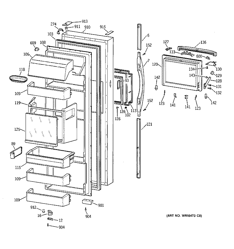 FRESH FOOD DOOR Diagram and Parts List for TFK28ZFBAAA  General Electric Refrigerator