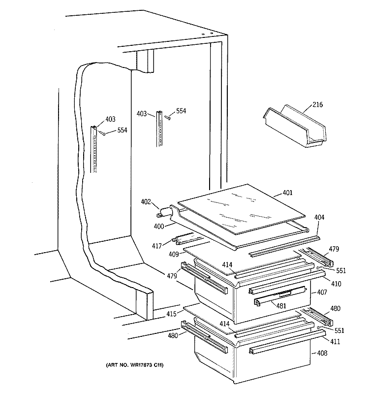 FRESH FOOD SECTION Diagram and Parts List for TFX22GRBAWW  General Electric Refrigerator