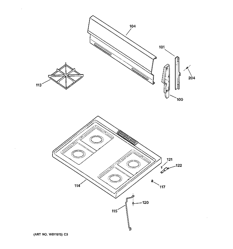 COOKTOP Diagram and Parts List for JGBS04BEA2AD  General Electric Range